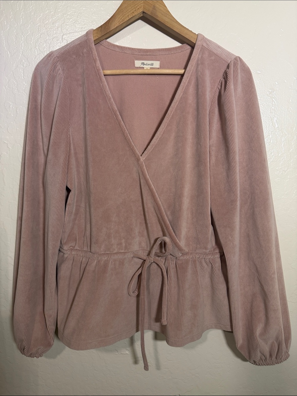 Madewell Corduroy Tie Front Faux Wrap Top Mauve Pink Size M
